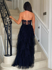 Black A-Line Strapless Tulle Tiered Long Prom Dress with Appliques