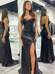 Black Mermaid Strapless Sweetheart Corset Long Prom Dress with Slit