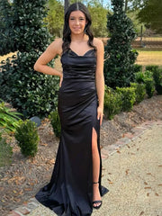 Black Mermaid Strapless V-Neck Satin Pleated Long Prom Dress with Slit