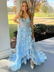 Blue A-Line Strapless V-Neck Appliques Tiered Prom Dress with Slit