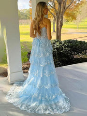 Blue A-Line Strapless V-Neck Appliques Tiered Prom Dress with Slit