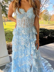 Blue A-Line Strapless V-Neck Appliques Tiered Prom Dress with Slit