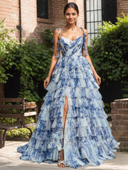 Blue Floral A Line V Neck Long Pleated Prom Dress With Slit