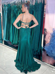 Glitter Dark Green Mermaid Spaghetti Straps Beaded Long Prom Dress