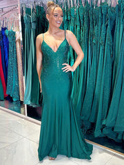 Glitter Dark Green Mermaid Spaghetti Straps Beaded Long Prom Dress