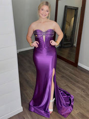 Dark Purple Mermaid Strapless Sweetheart Hollow Long Prom Dress with Slit