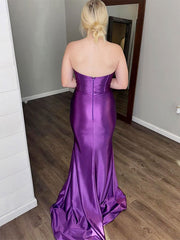 Dark Purple Mermaid Strapless Sweetheart Hollow Long Prom Dress with Slit