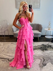 Fuchsia A-Line Sweetheart Chiffon Tiered Long Prom Dress with Slit