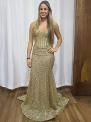 Sparkly Gold Mermaid Strapless Sequined Sleeveless Long Prom Dress