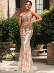 Sparkly Gold Mermaid Spaghetti Straps Corset Sequin Long Prom Dress