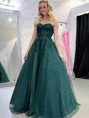 Green A-Line Strapless Sweetheart Tulle Long Prom Dress with Appliques