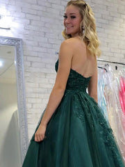 Green A-Line Strapless Sweetheart Tulle Long Prom Dress with Appliques