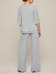 Jumpsuits Scoop Half Sleeves Chiffon Mother Of The Bride Pantsuits with Ruffles