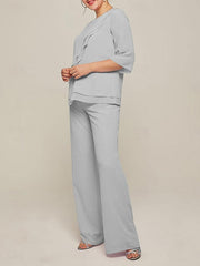 Jumpsuits Scoop Half Sleeves Chiffon Mother Of The Bride Pantsuits with Ruffles