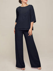 Jumpsuits Scoop Half Sleeves Chiffon Mother Of The Bride Pantsuits with Ruffles