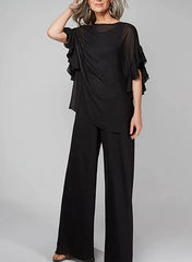 Jumpsuits Scoop Half Sleeves Chiffon Mother Of The Bride Pantsuits