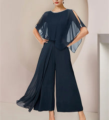 Chiffon Scoop Sleeveless Mother of the Bride Pantsuits with Belt