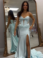 Light Green Mermaid Strapless Sweetheart Long Prom Dress with Slit