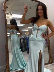 Light Green Mermaid Strapless Sweetheart Long Prom Dress with Slit