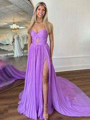 Lilac A Line Pleated Strapless Long Prom Dress with Slit