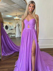 Lilac A Line Pleated Strapless Long Prom Dress with Slit