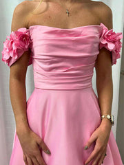 Pink A-Line Off The Shoulder Pleated Satin Long Prom Dress