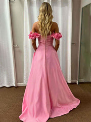 Pink A-Line Off The Shoulder Pleated Satin Long Prom Dress