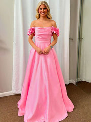 Pink A-Line Off The Shoulder Pleated Satin Long Prom Dress