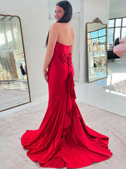 Red Mermaid Strapless Pleated Sleeveless Long Prom Dress with Bow