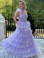 Lilac A Line One Shoulder Tiered Tulle Long Prom Dress