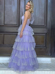 Lilac A Line One Shoulder Tiered Tulle Long Prom Dress