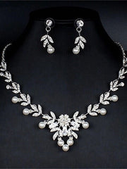 1 set Pearl Rhinestone Jewelry Earrings Necklace For Women's Wedding Pendant Necklace Set