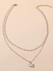 Imitation Pearl Chrome Necklace for Wedding Valentine's Day Daily Double Layered Necklace Wedding Jewelry