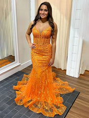 Orange Mermaid Spaghetti Straps V-Neck Long Prom Dress with Lace Applique