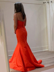 Orange Mermaid Strapless Sleeveless Pleated Long Prom Dress with Bows