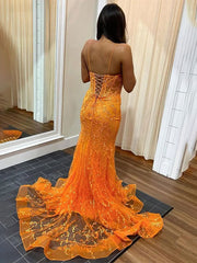 Orange Mermaid Spaghetti Straps V-Neck Long Prom Dress with Lace Applique