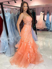 Orange Mermaid Spaghetti Tulle Tiered Long Prom Dress with Appliques