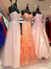 Orange Mermaid Spaghetti Tulle Tiered Long Prom Dress with Appliques