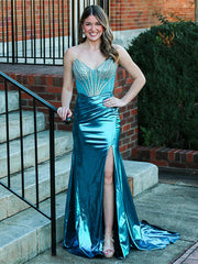 Peacock Blue Mermaid Sweetheart Beaded Long Prom Dress with Slit