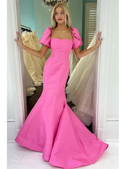 Pink Mermaid Short Sleeves Satin Long Prom Dress