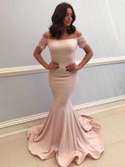 Pink Mermaid Cold Shoulder Satin Long Prom Dress with Train