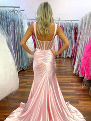 Pink Mermaid Square Neck Satin Pleated Long Prom Dress with Slit