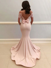 Pink Mermaid Cold Shoulder Satin Long Prom Dress with Train