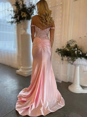 Pink Mermaid Off-Shoulder Sweetheart Appliques Pleated Prom Dress with Slit