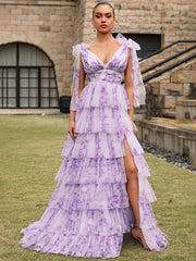 Purple Floral A Line V Neck Long Pleated Prom Dress With Slit