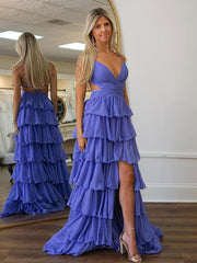 Purple A Line Spaghetti V-Neck Prom Dress with Cascading Ruffles