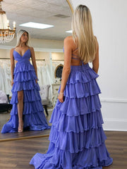 Purple A Line Spaghetti V-Neck Prom Dress with Cascading Ruffles