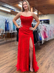 Red Mermaid Strapless Scoop Neck Lace Appliques Prom Dress with Slit