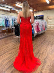 Red Mermaid Strapless Scoop Neck Lace Appliques Prom Dress with Slit