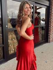 Red Mermaid Strapless Ruffles Satin Long Prom Dress with Train